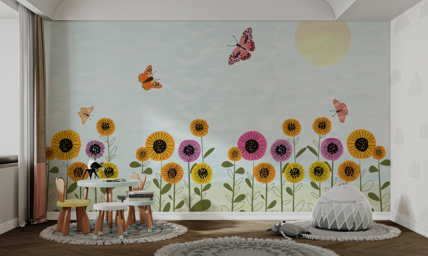 Sunflower garden wall design with bright blossoms
