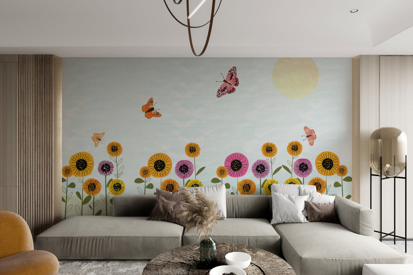 Spring meadow wall mural with hand-drawn flowers
