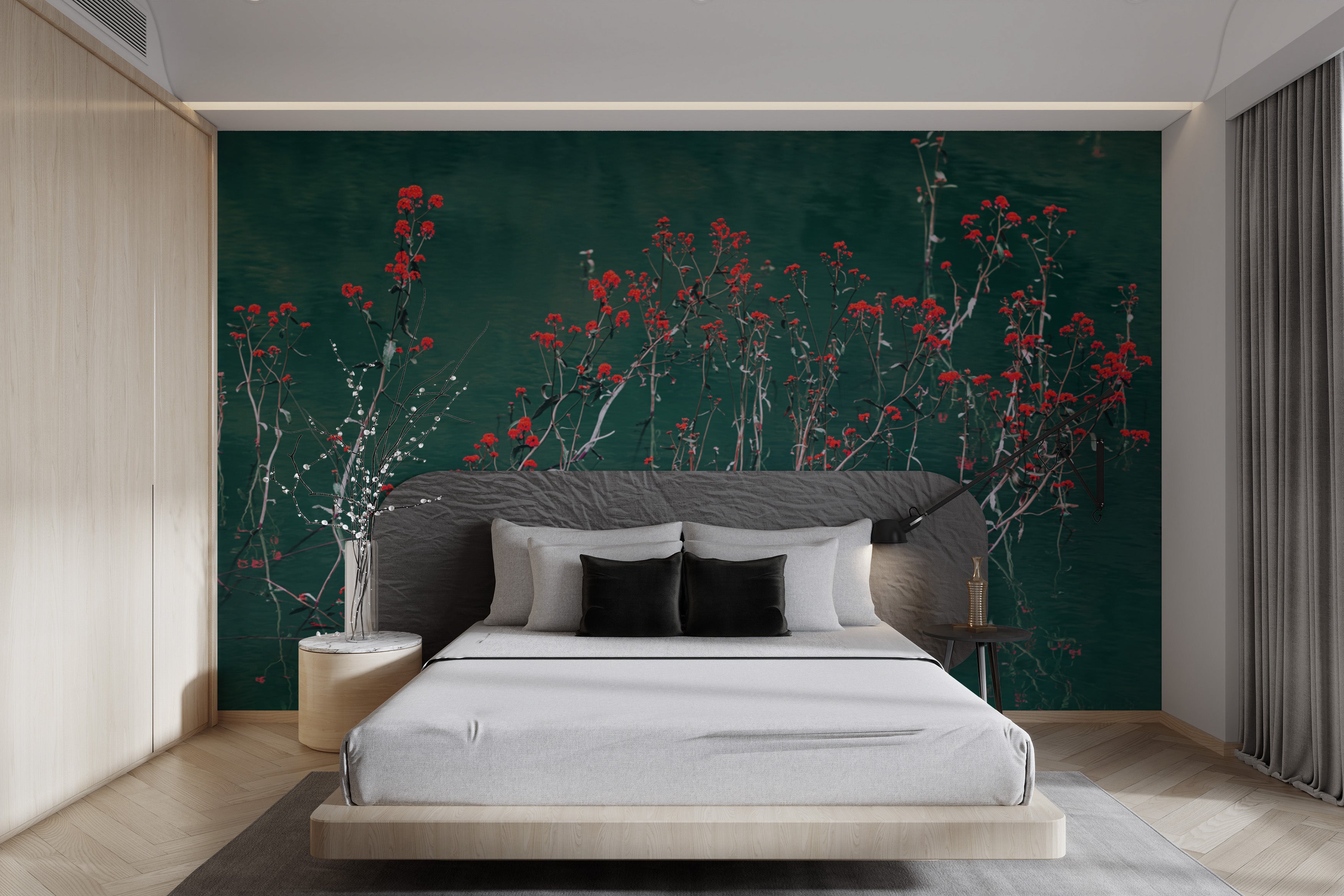 Teal and red botanical mural for modern interiors
