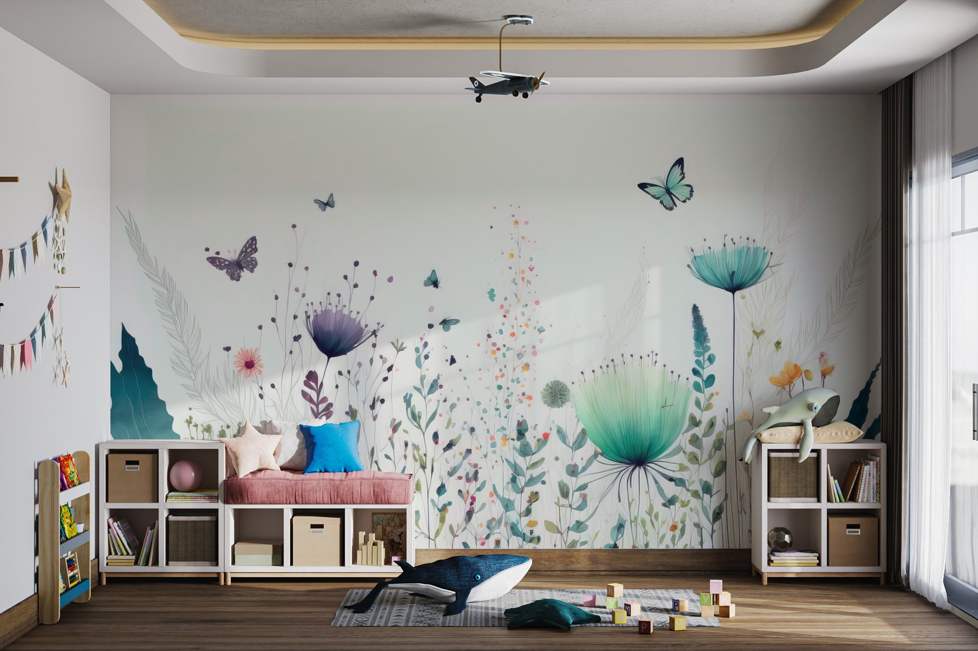 Whimsical butterfly garden wallpaper with soft colors
