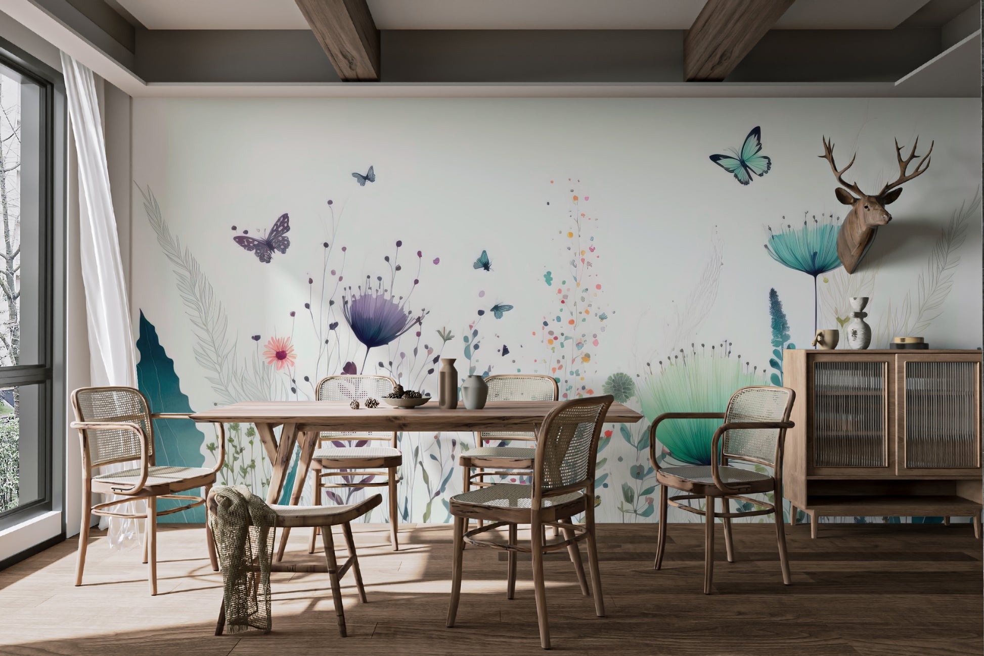 Elegant flower and butterfly wallpaper design
