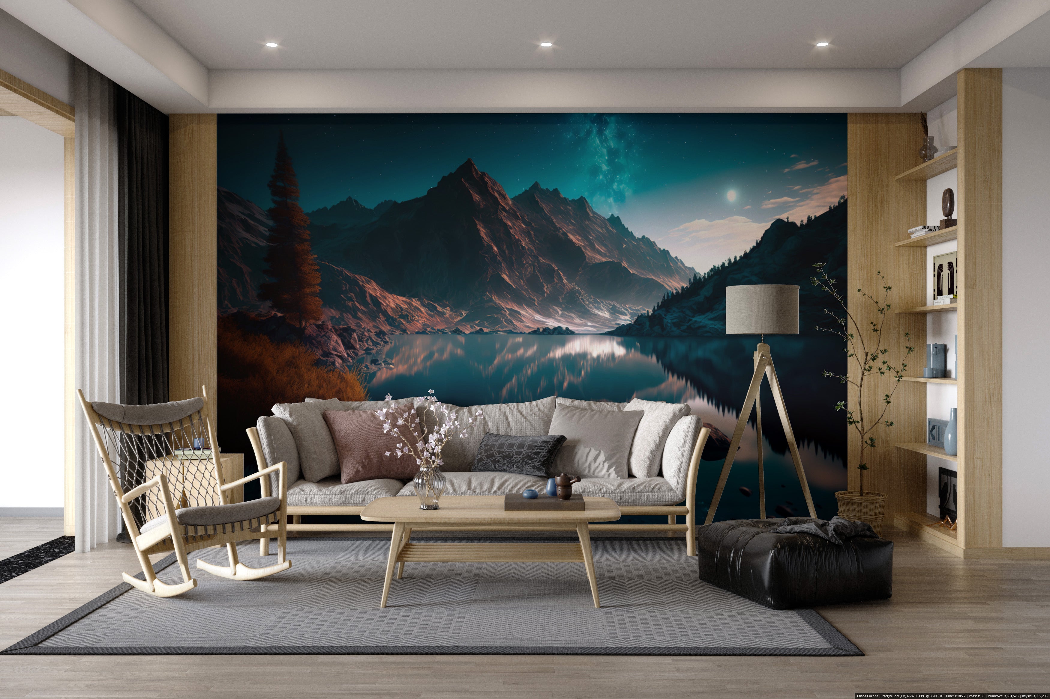 Moonlit mountain scenery wall mural with lake view
