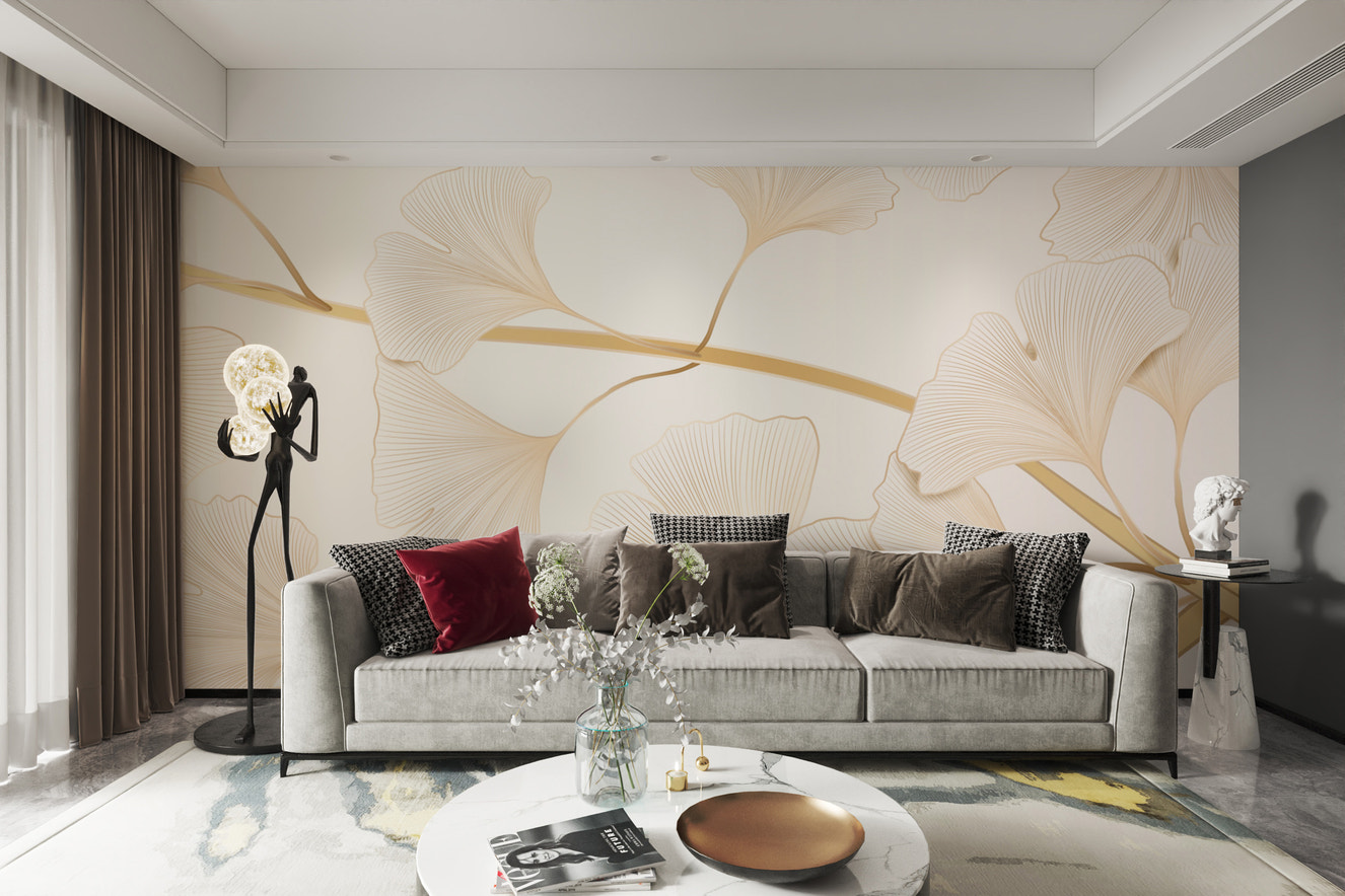 Golden ginkgo leaf wallpaper with soft cream tones
