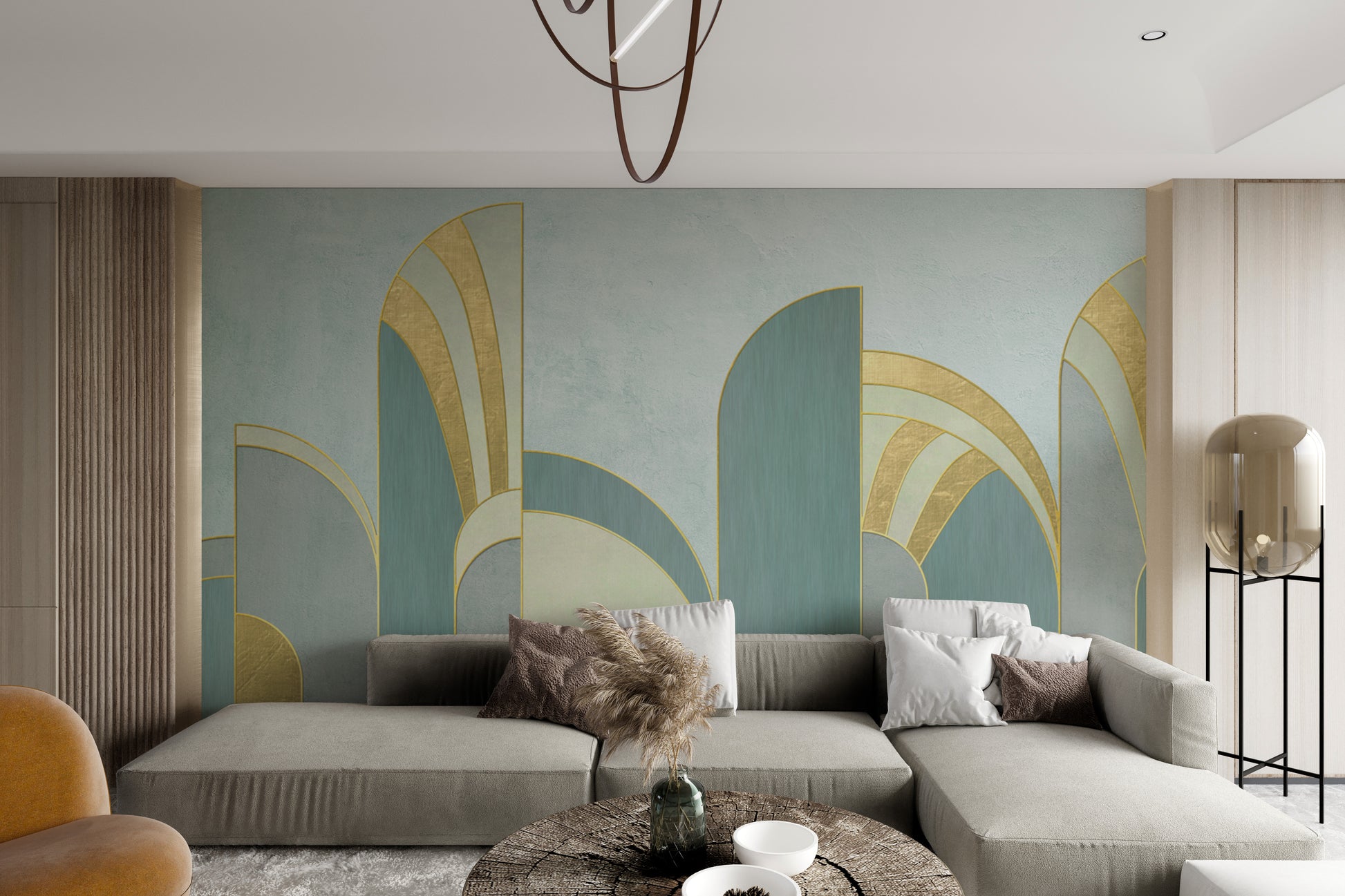 Abstract gold and teal wall design
