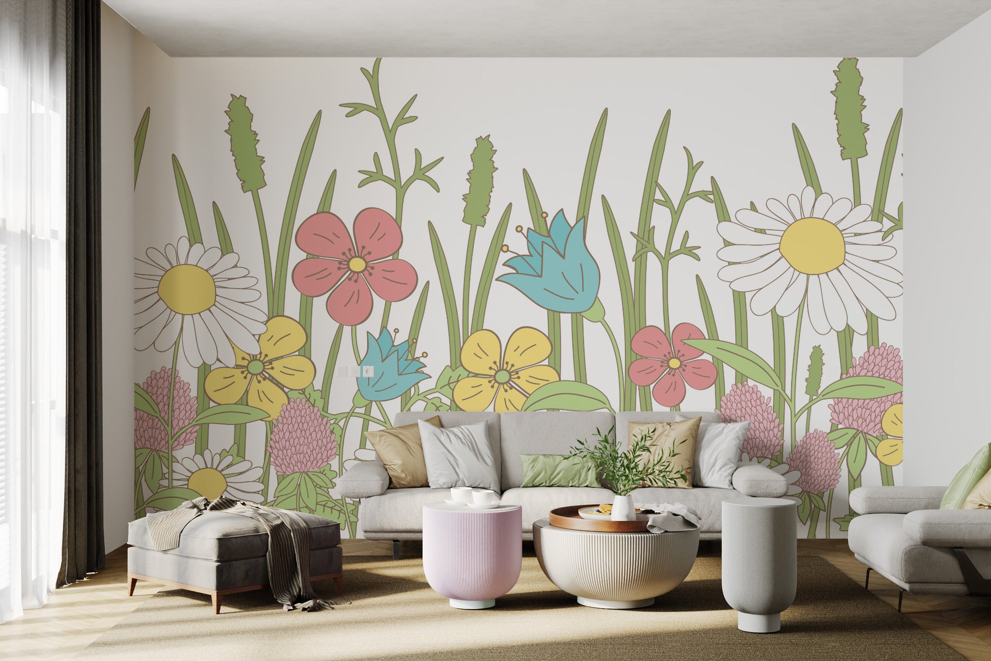 Floral wallpaper with daisies and tulips
