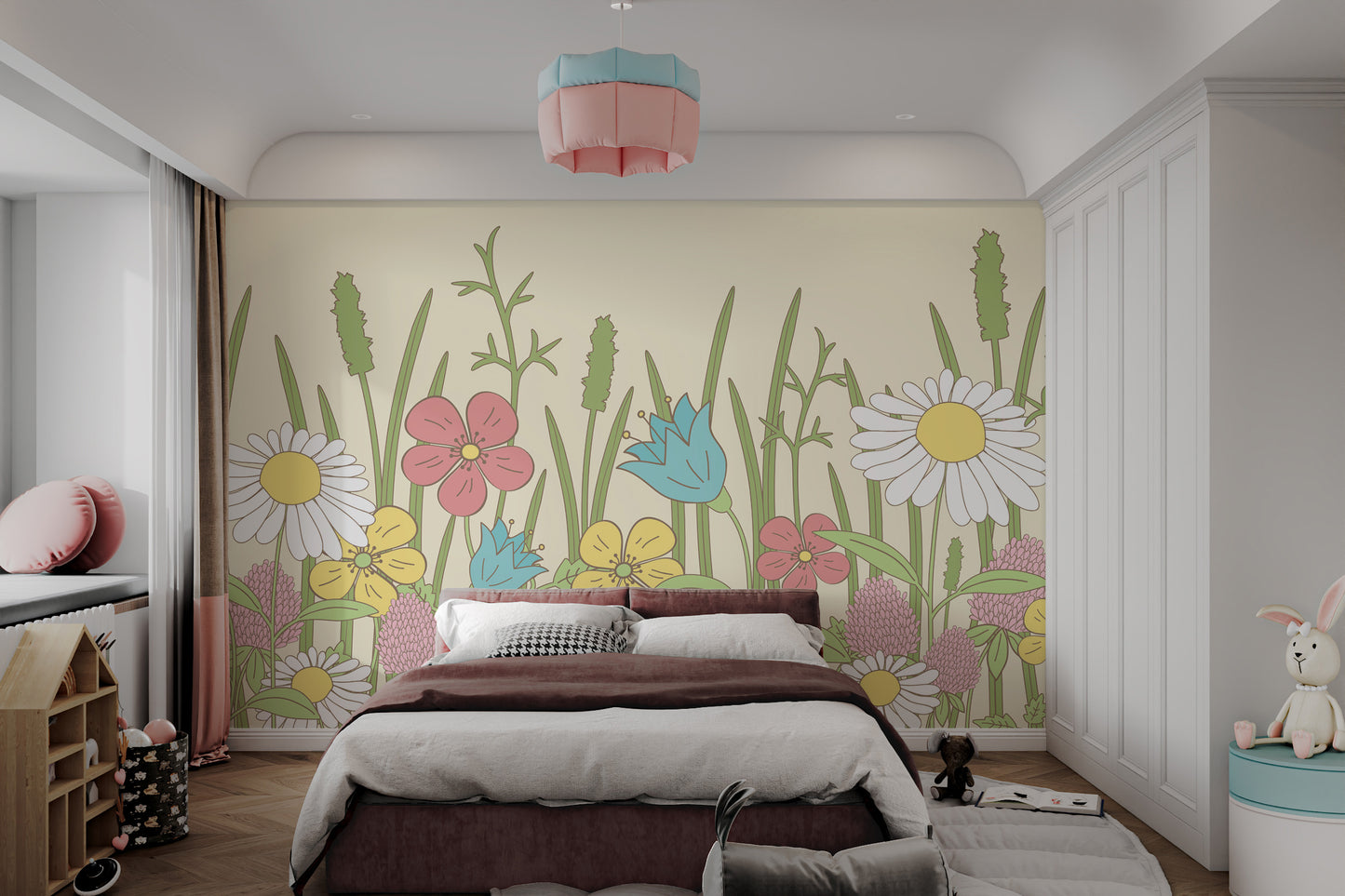 Soft pastel floral wallpaper with daisy patterns
