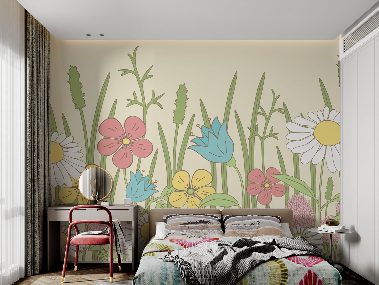 Vintage-style wildflower wallpaper with soft hues
