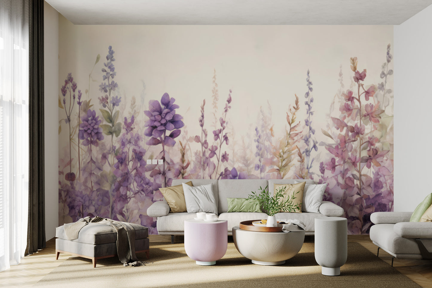 Watercolor flower mural with delicate floral details
