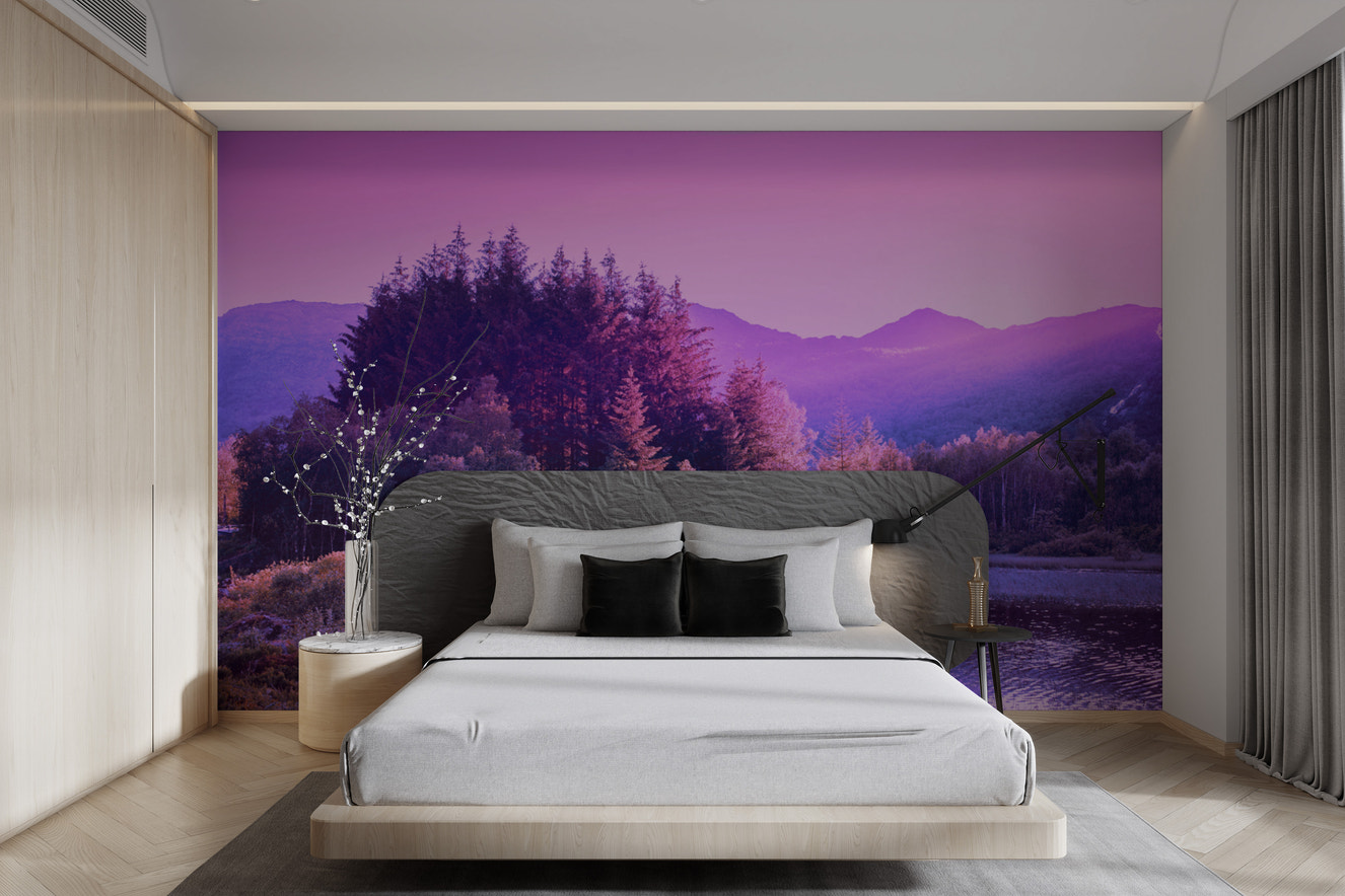 Purple nature landscape with a dreamy forest background
