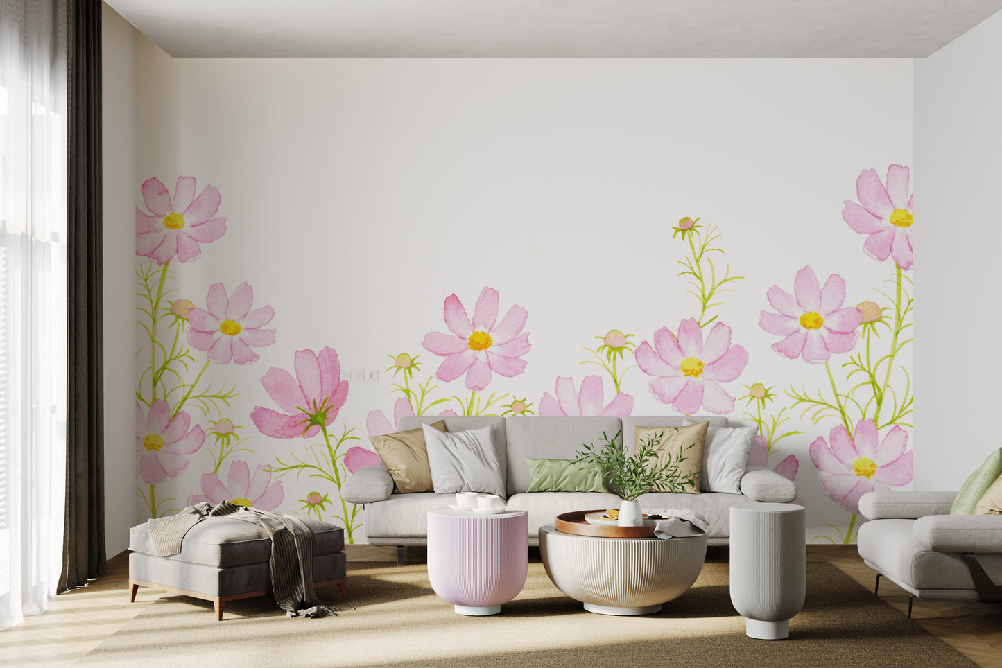 Pink wildflower mural with a delicate floral pattern
