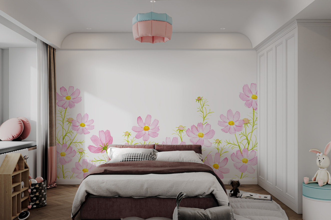 Pink watercolor floral wallpaper with soft pastel flowers
