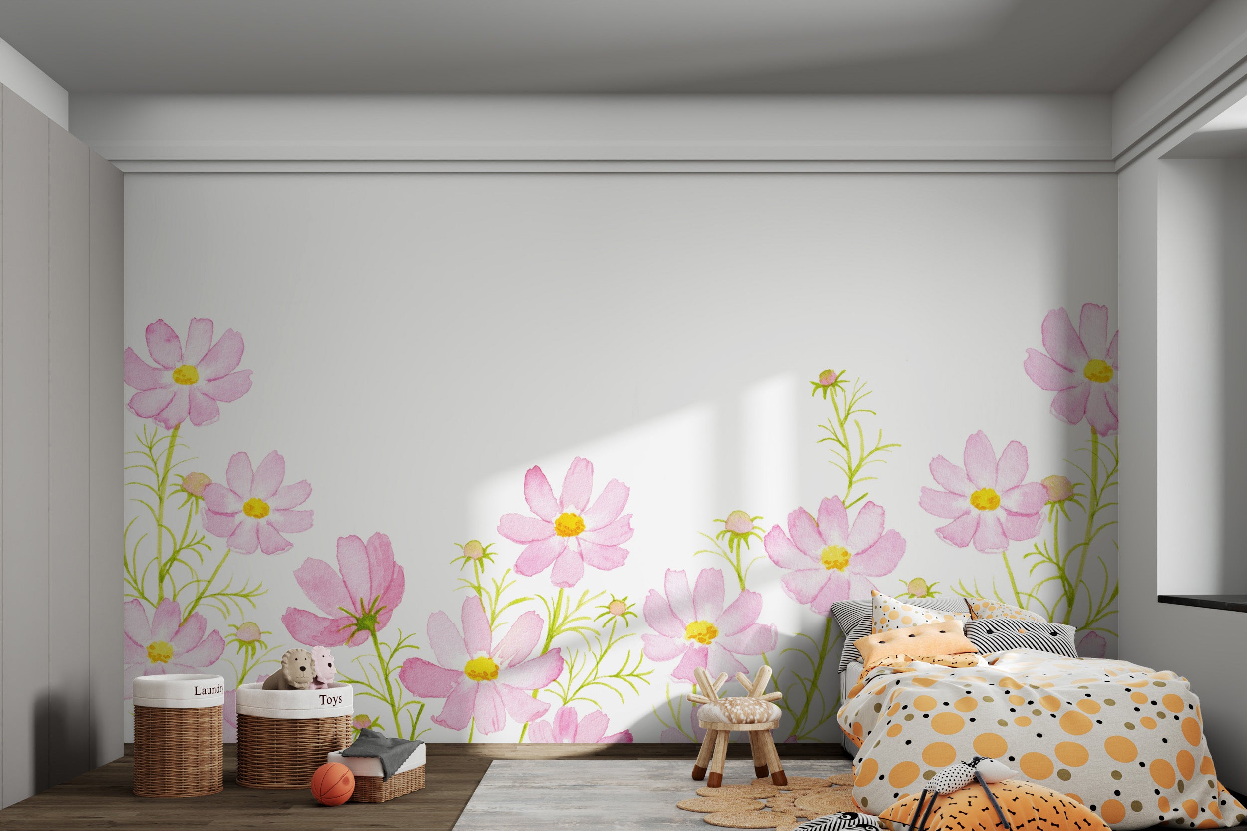 Hand-painted flower mural with delicate pink blossoms
