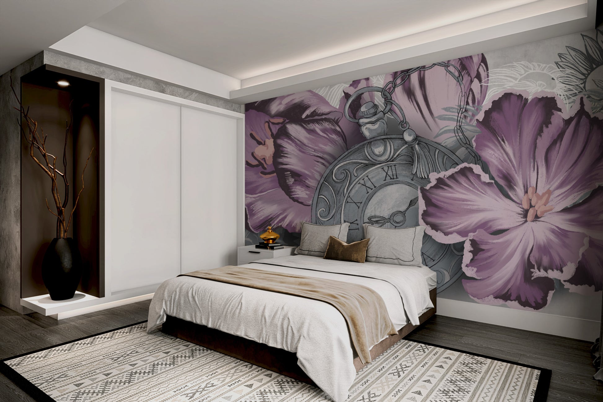 Elegant purple flower mural with a classic clock
