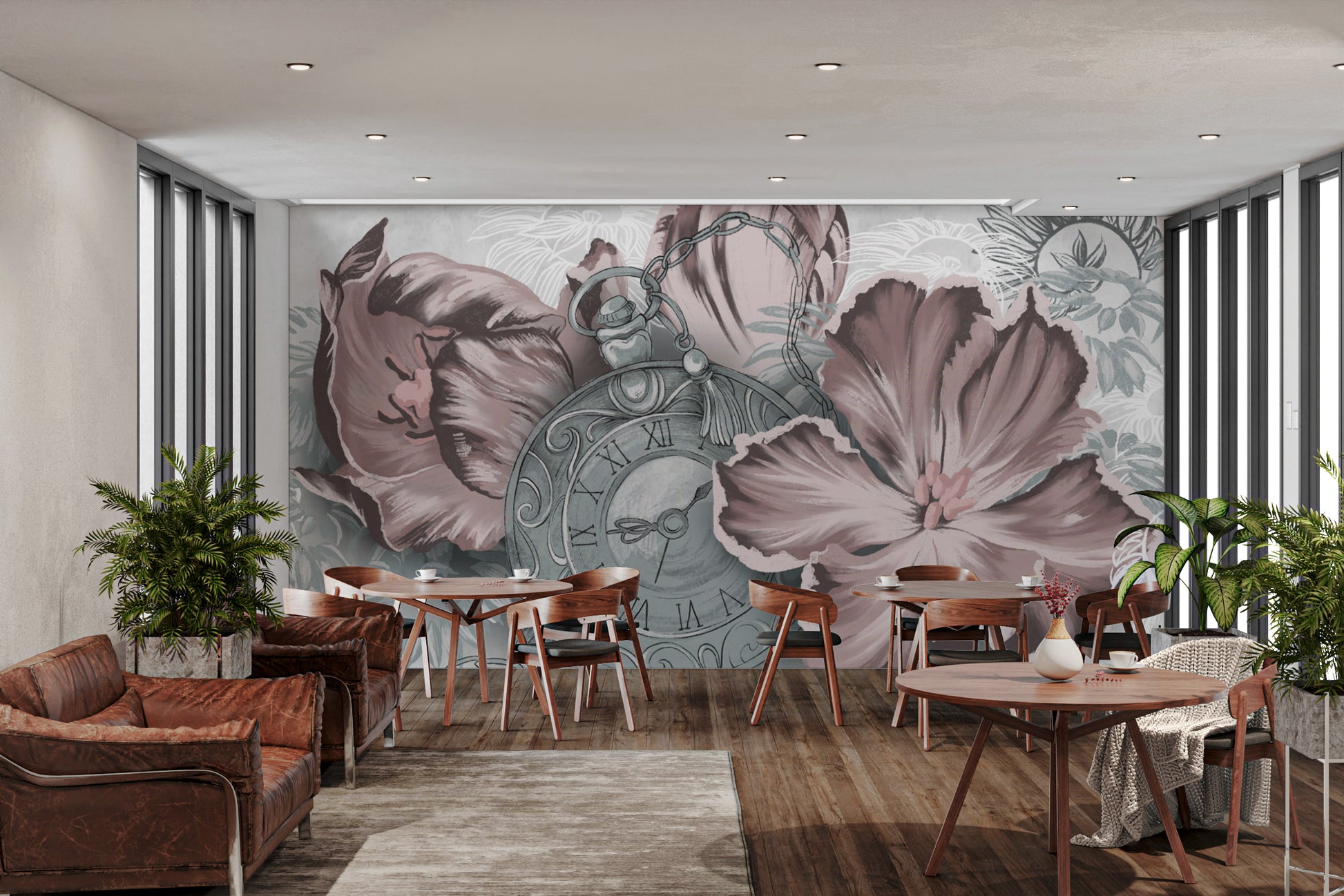 Red flower mural with classic botanical elements
