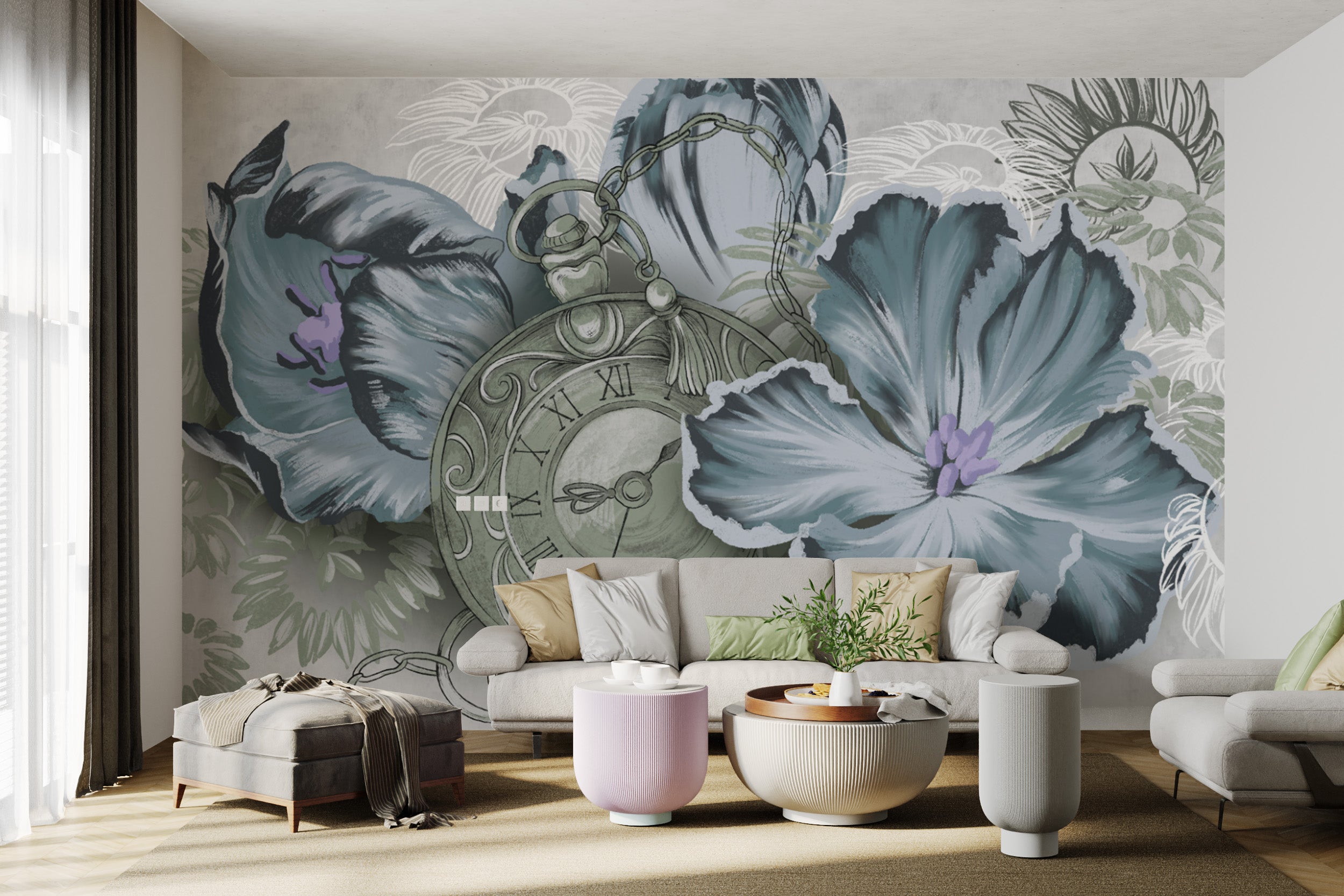 Hand-painted botanical clock mural with floral tones
