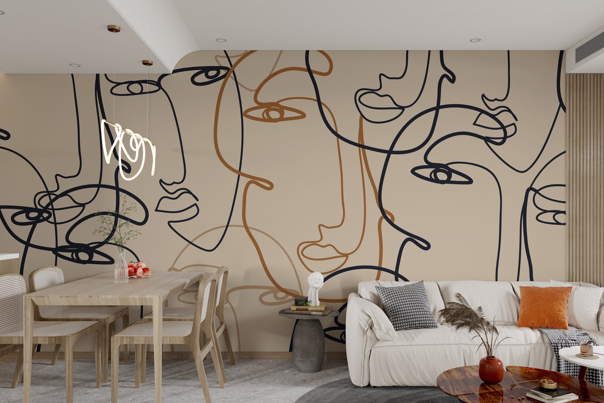 Modern continuous line mural with stylish faces
