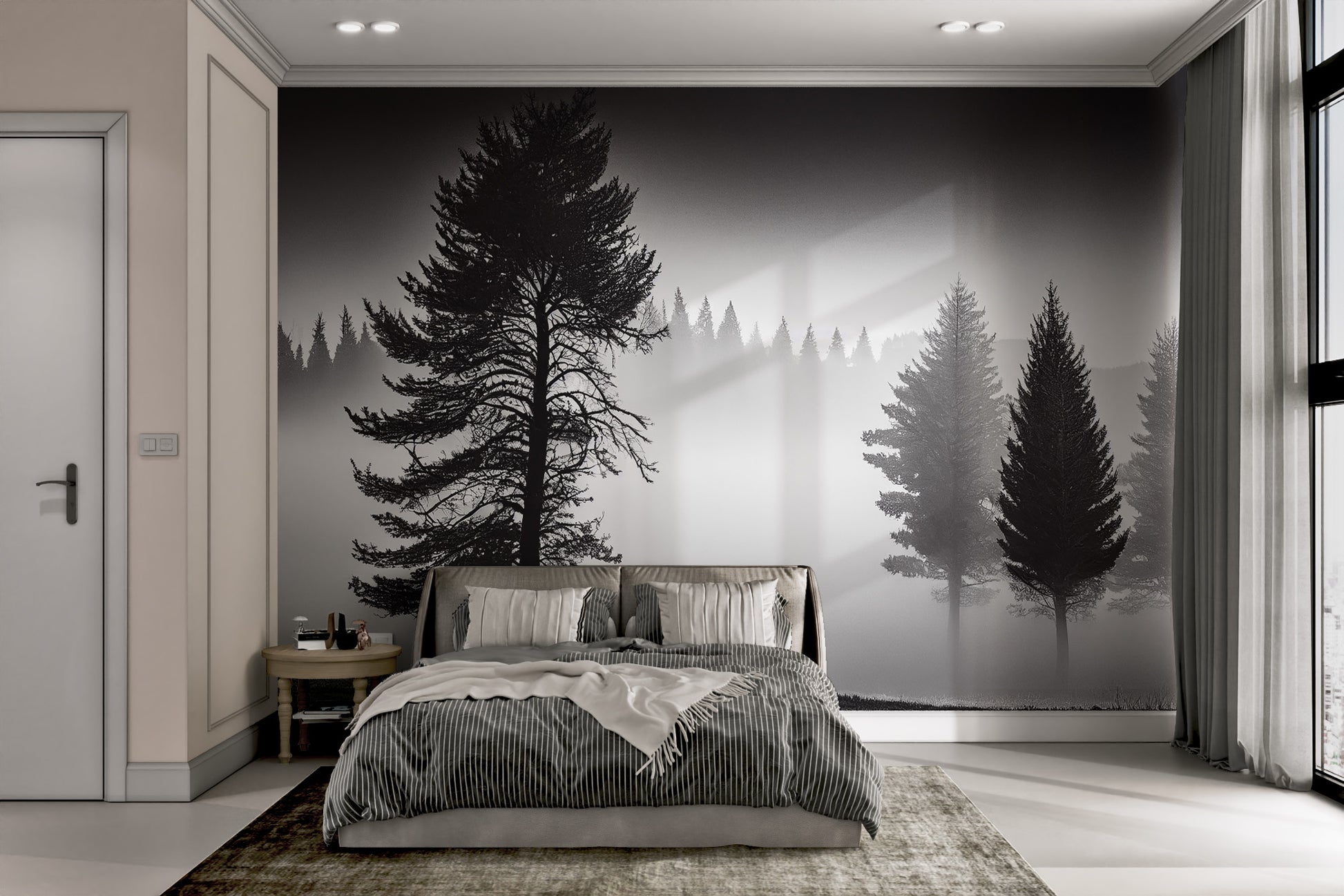 Black and white forest wallpaper with deep contrast
