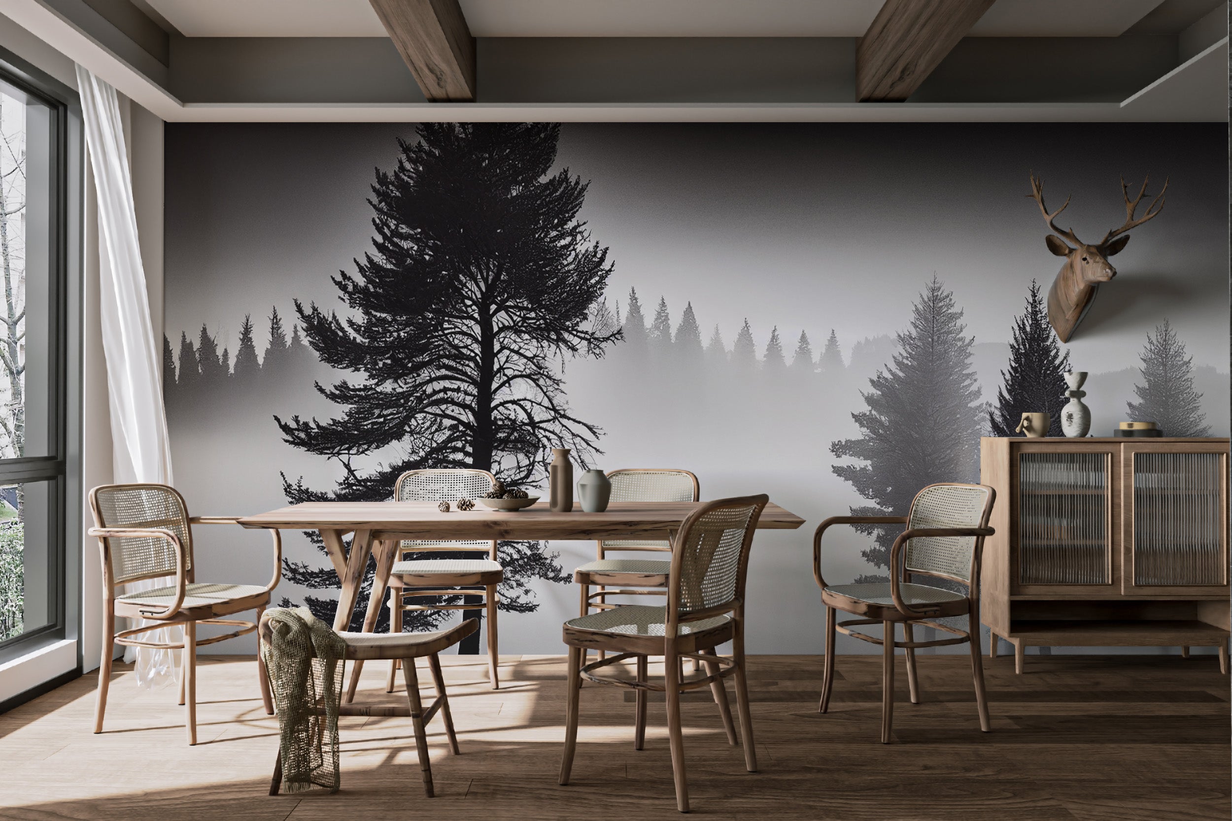 Misty pine forest wallpaper for a modern look
