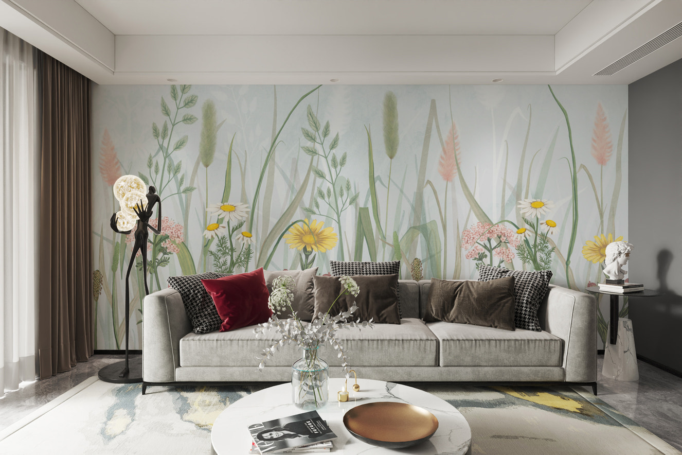 Wildflower meadow botanical wallpaper with soft tones
