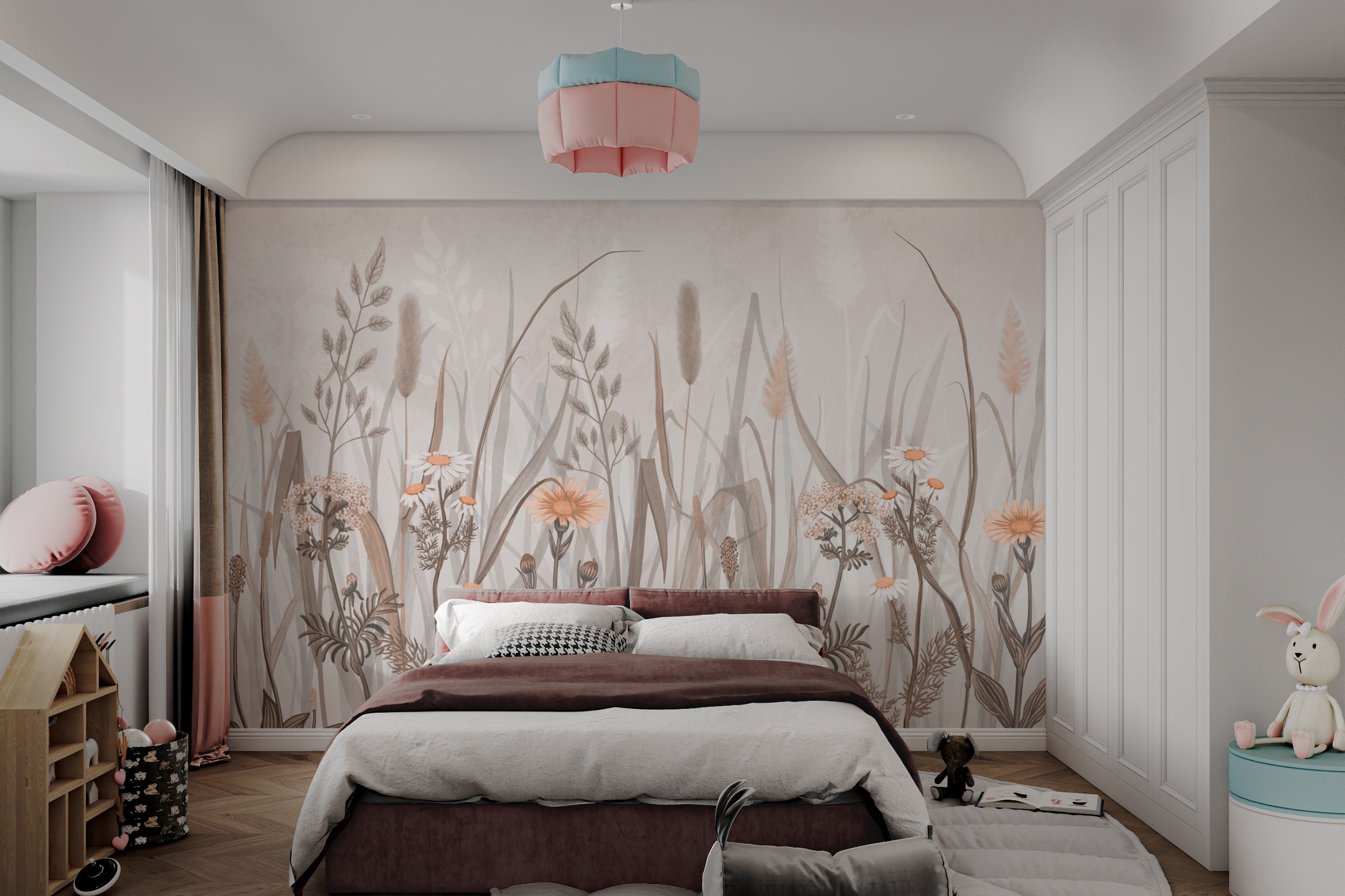 Rustic wildflower meadow wallpaper in warm tones
