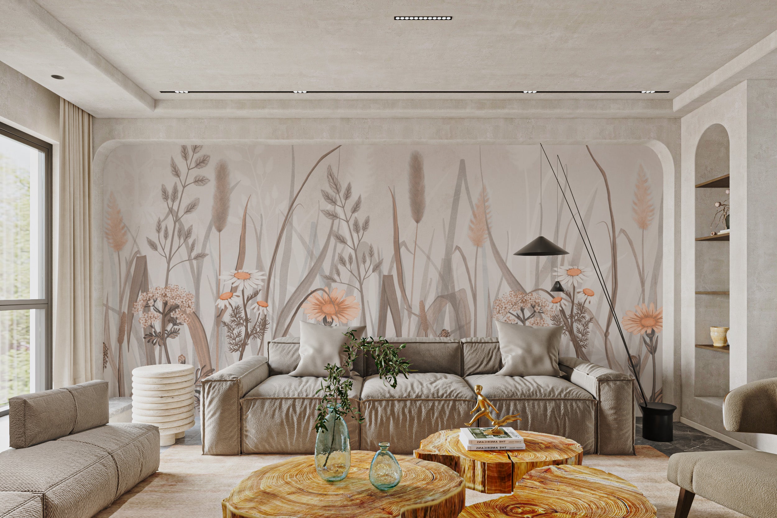 Peach and beige floral wallpaper with rustic charm
