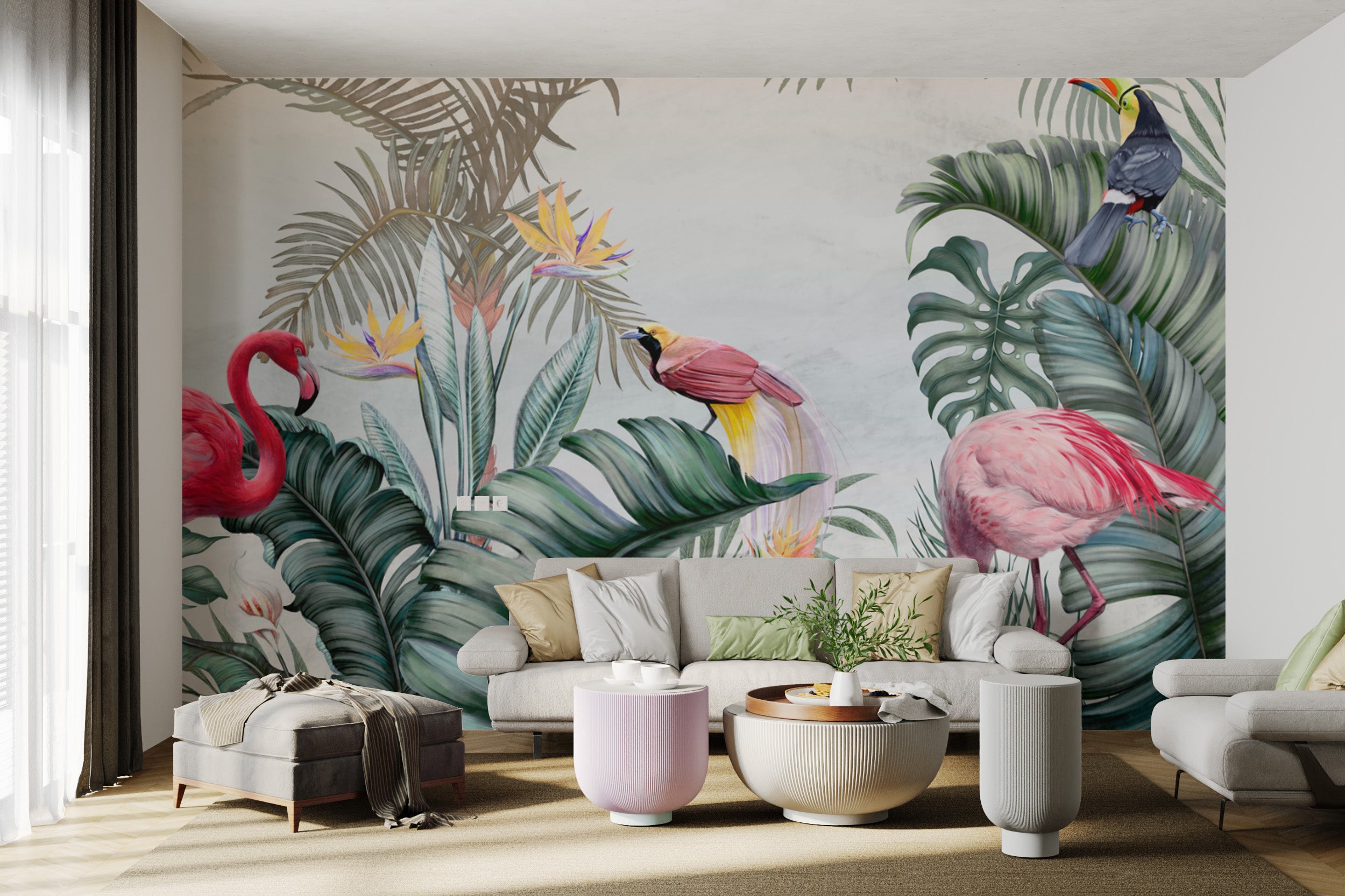 Vibrant tropical nature scene with flamingos and toucans
