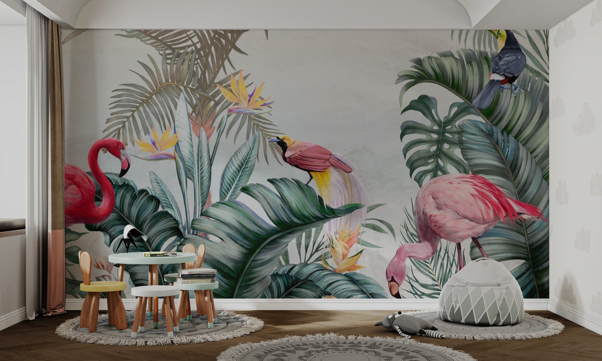 Hand-painted toucan mural with lush palm leaves
