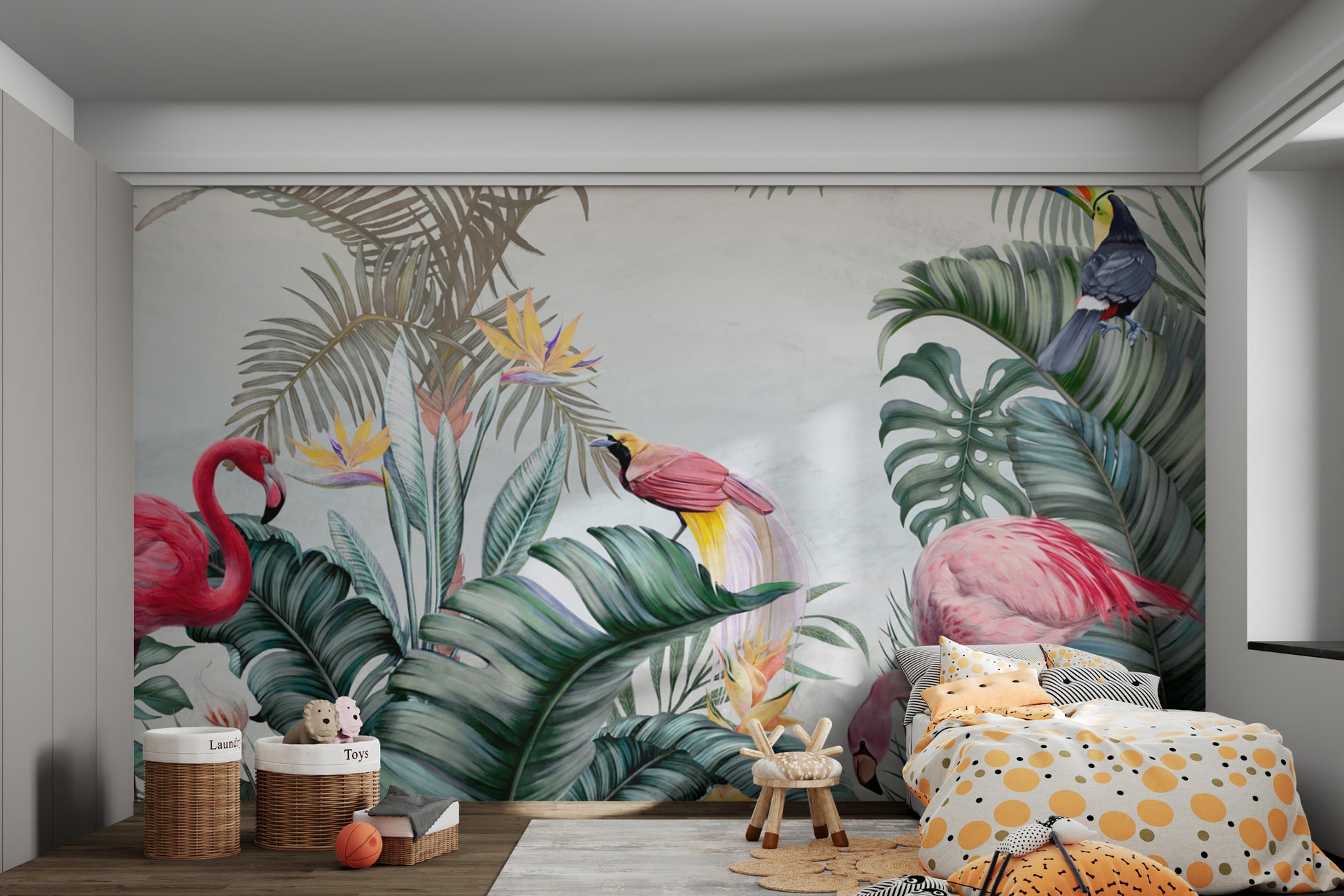 Exotic rainforest design with tropical birds and plants
