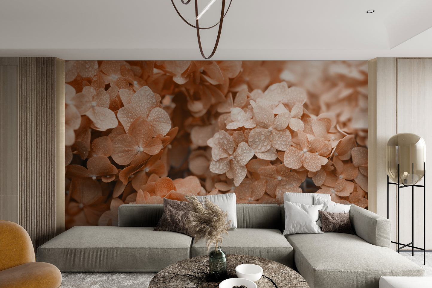 Elegant hydrangea blossom print in warm peach tones
