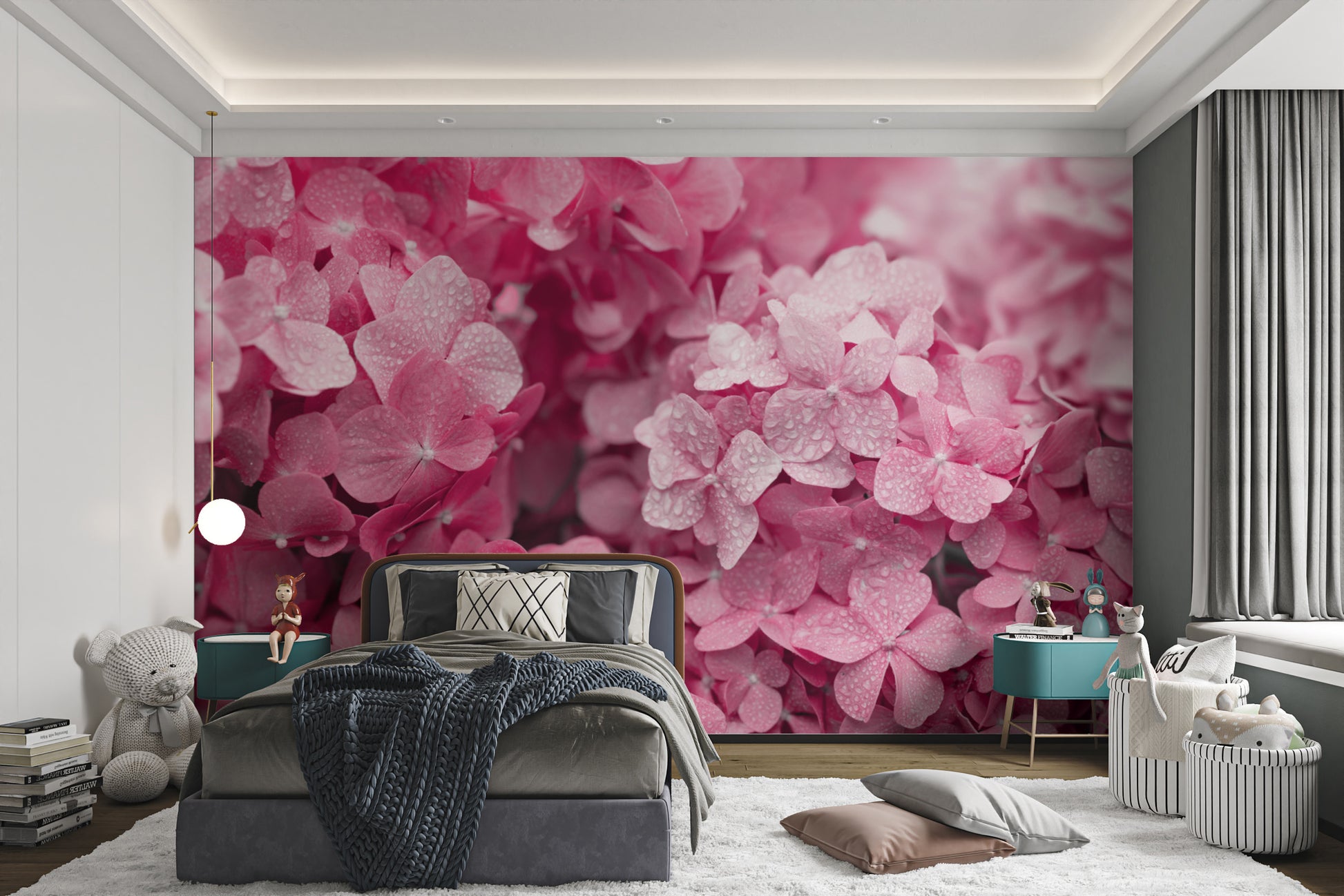 Botanical hydrangea wallpaper in rich pink tones
