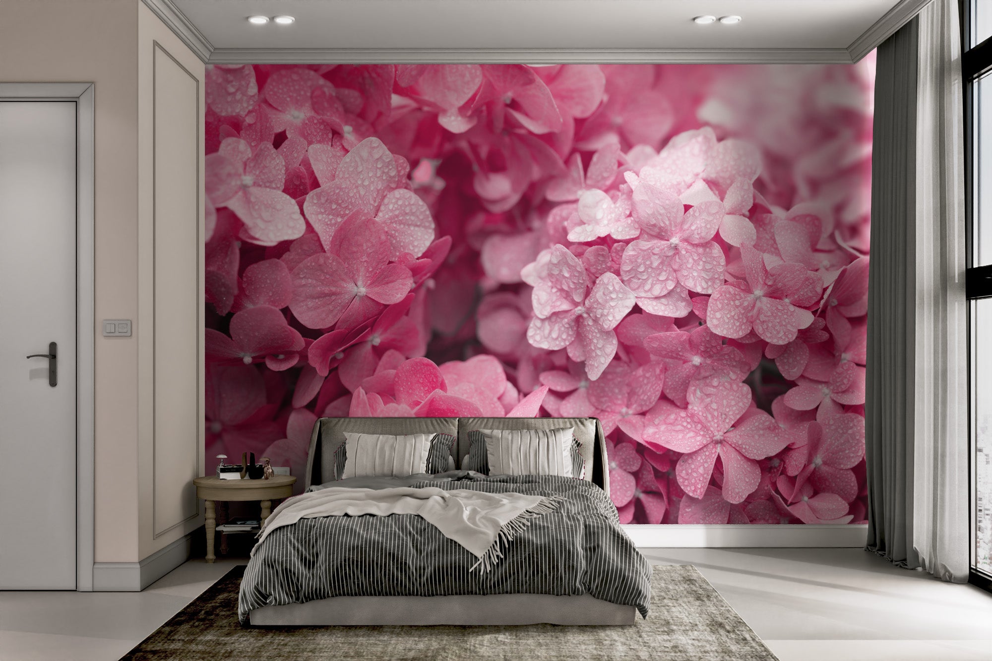 Elegant floral wallpaper with pink hydrangeas
