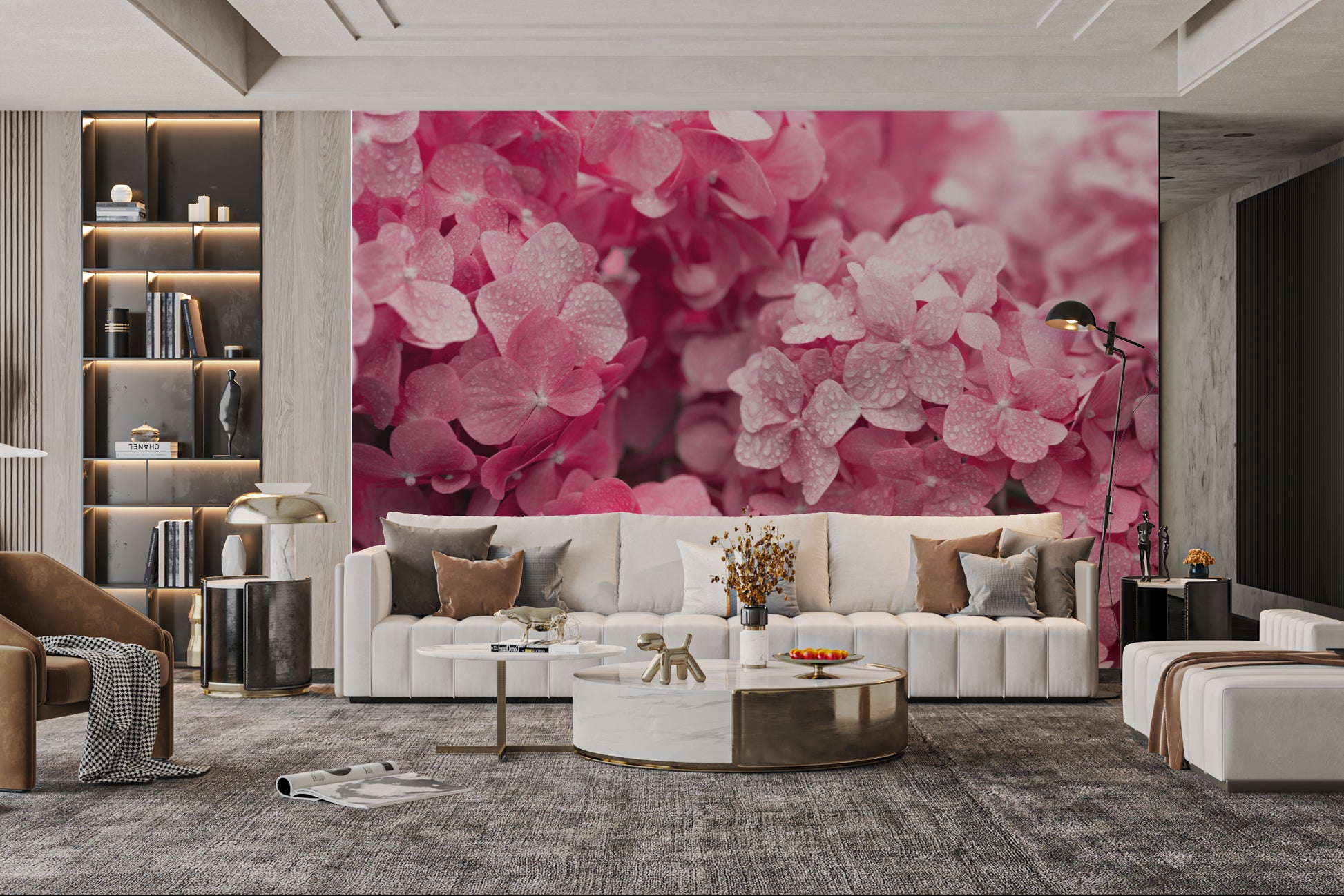 Blooming hydrangea wallpaper in soft pink shades
