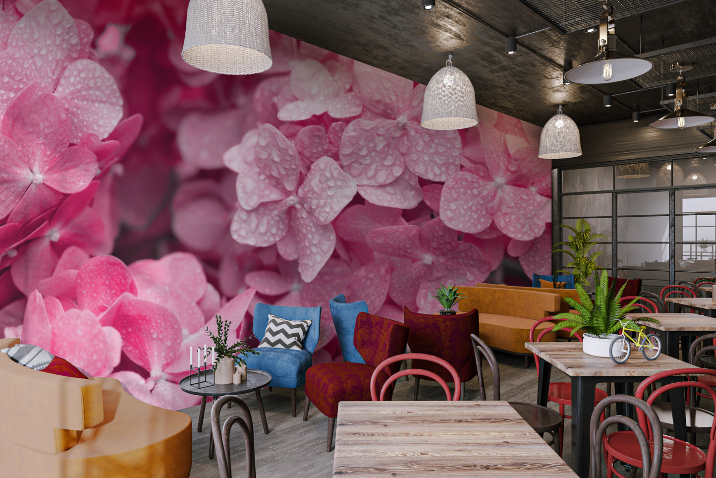 Nature-inspired pink hydrangea floral wall covering
