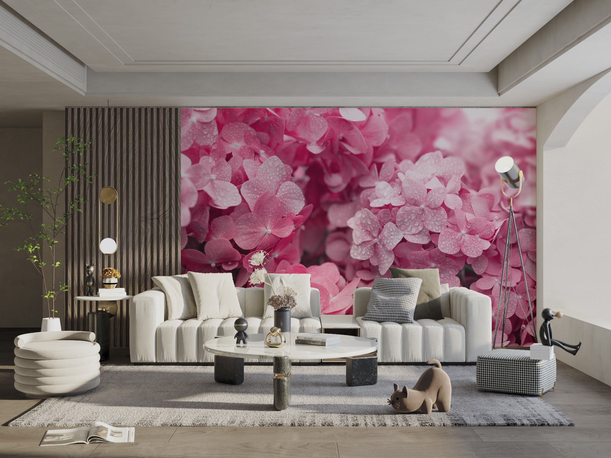 Beautiful pink hydrangea mural for living spaces
