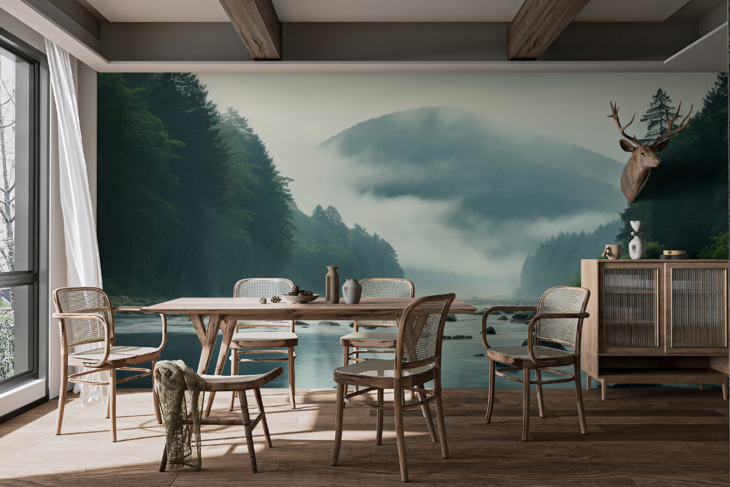 Nature-inspired wallpaper with a misty mountain view
