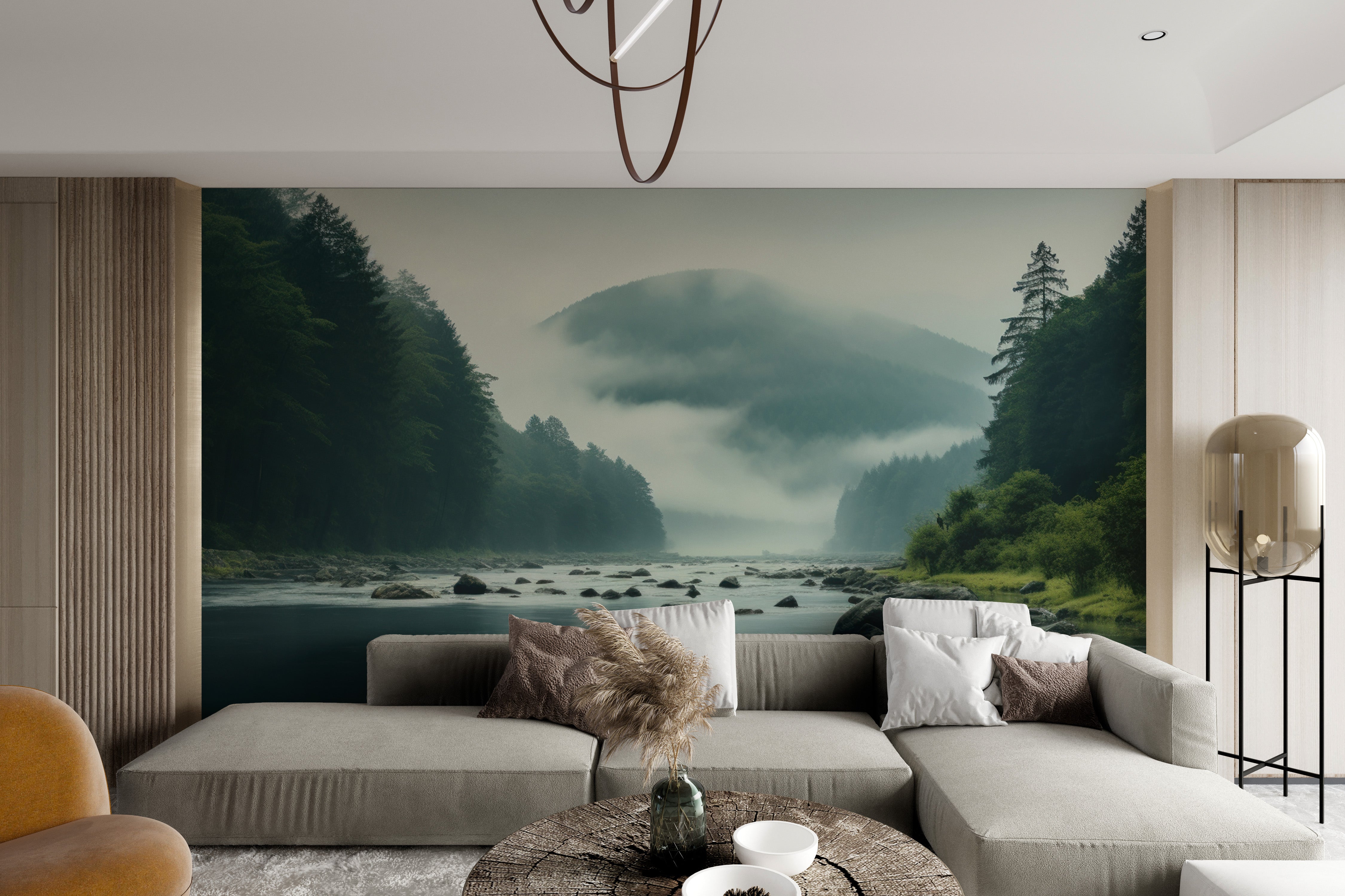 Scenic nature wallpaper featuring mist-covered mountains
