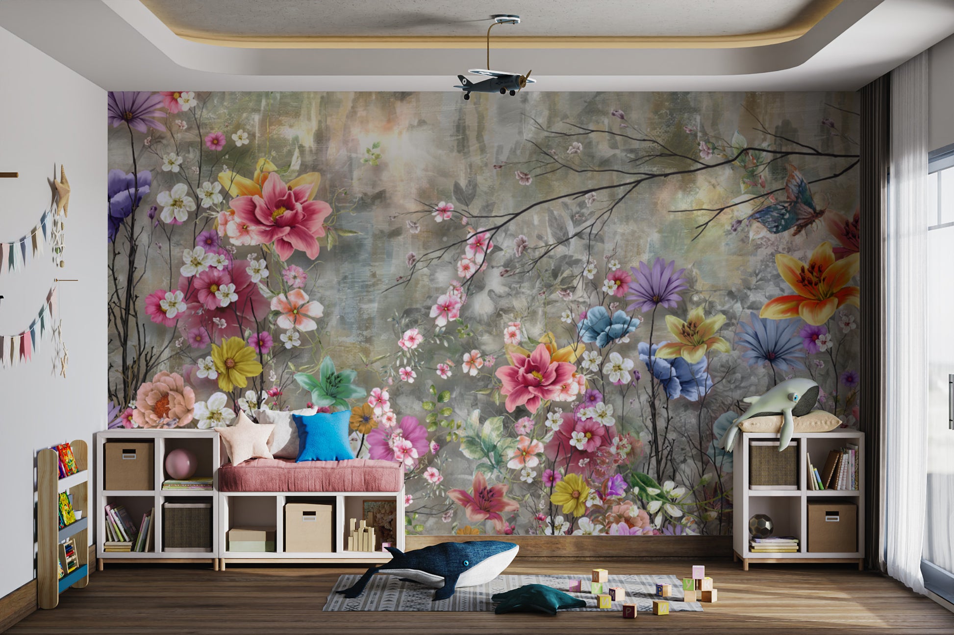 Aesthetic floral wall mural with detailed botanical elements
