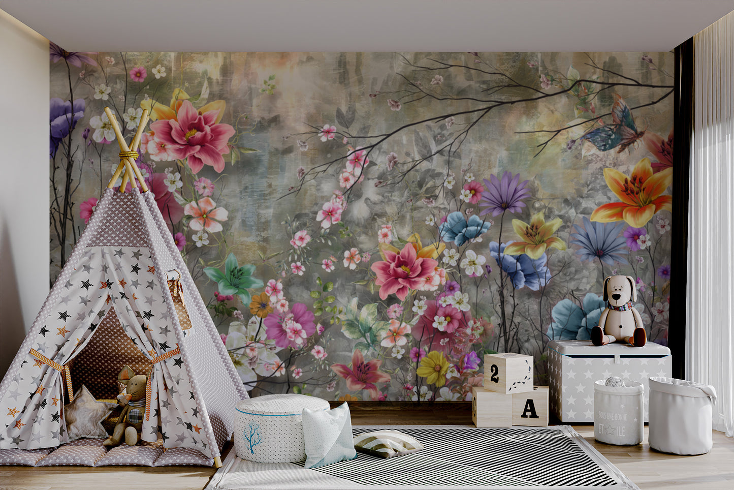 Colorful floral pattern mural for interior walls
