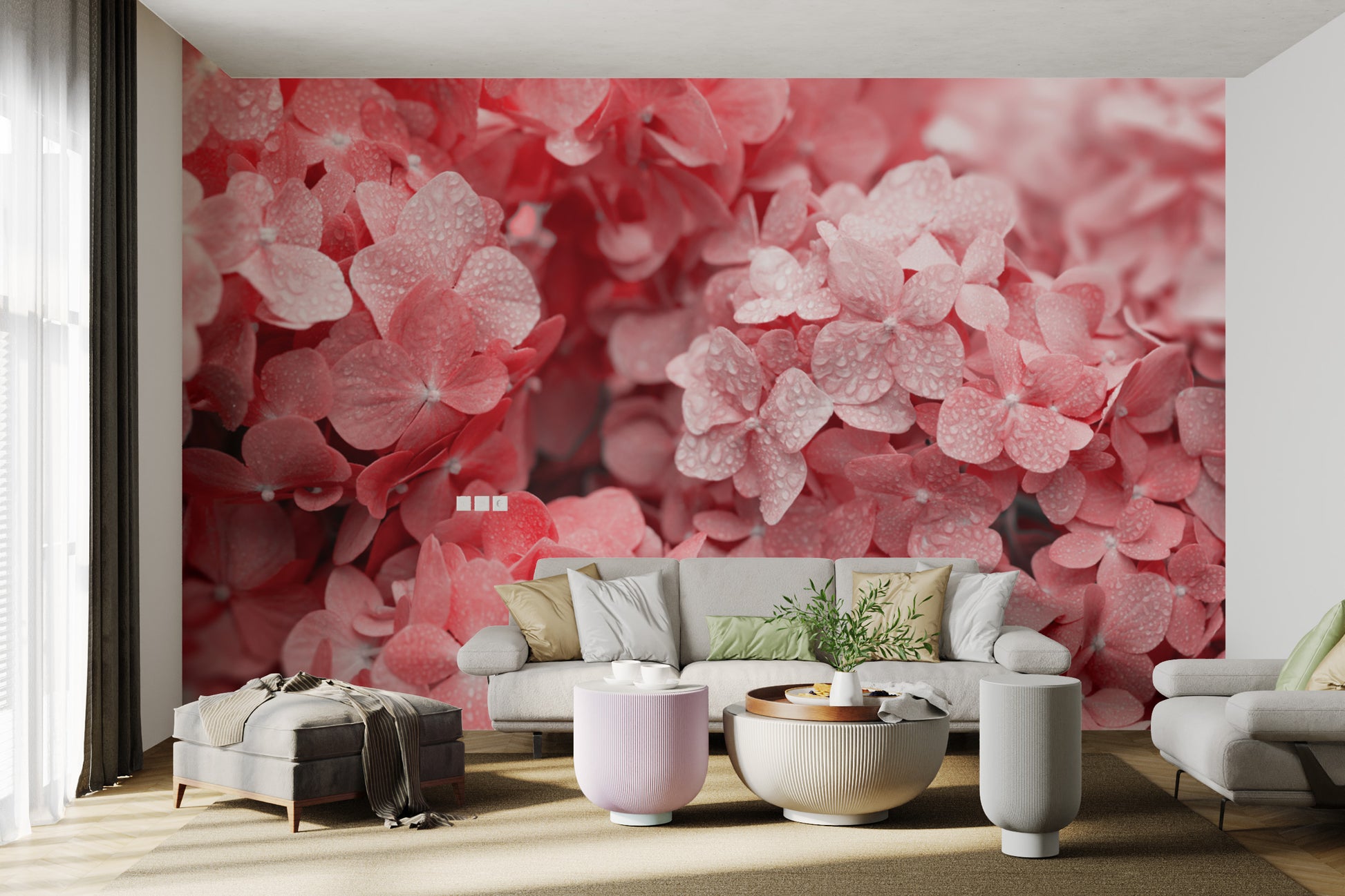 Pink hydrangea petals close-up with soft floral texture
