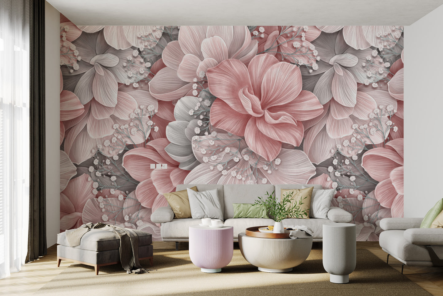 Feminine floral print wallpaper with pastel shades
