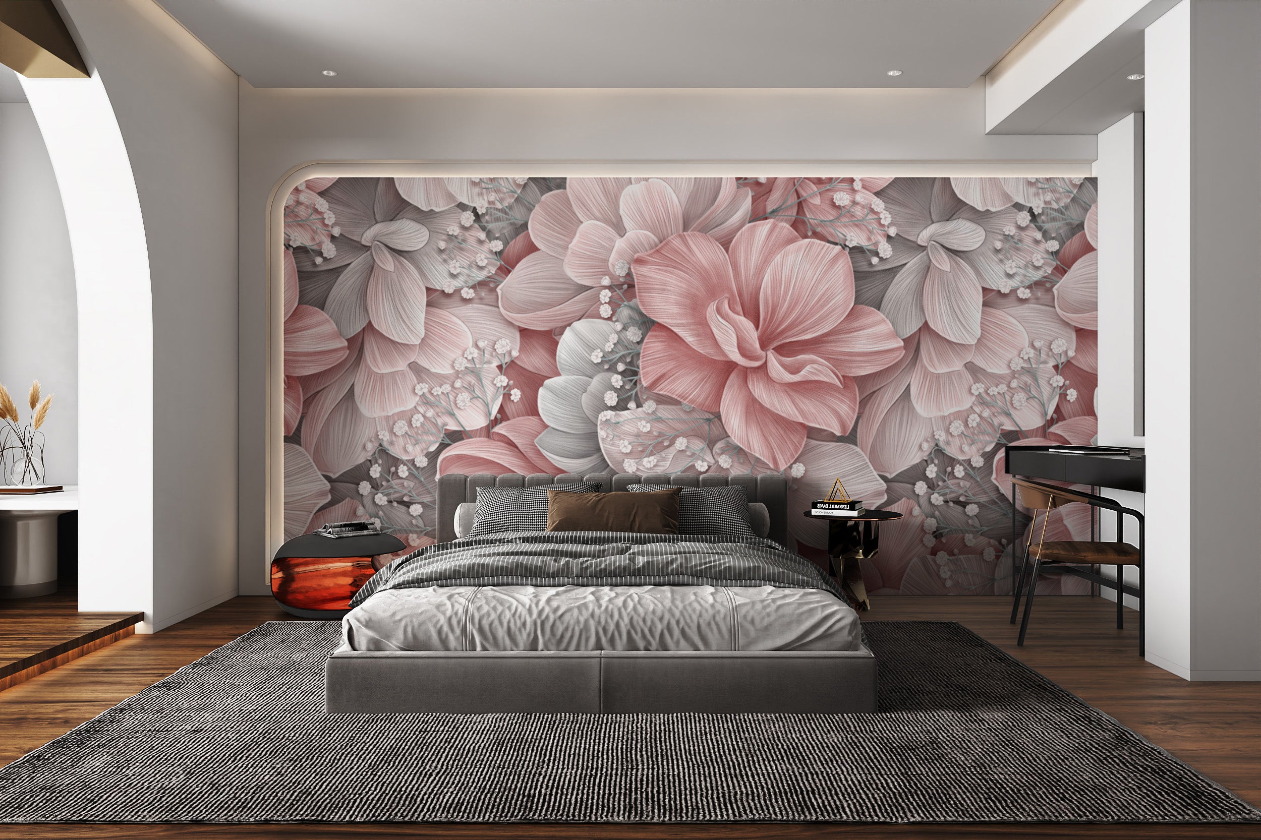 Vintage-inspired flower wallpaper with subtle blush hues
