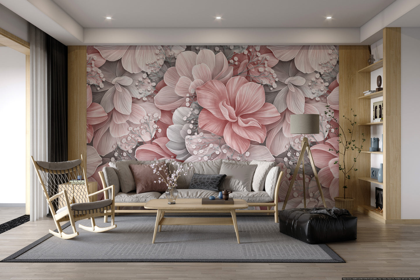 Soft pink and white petals in a floral mural
