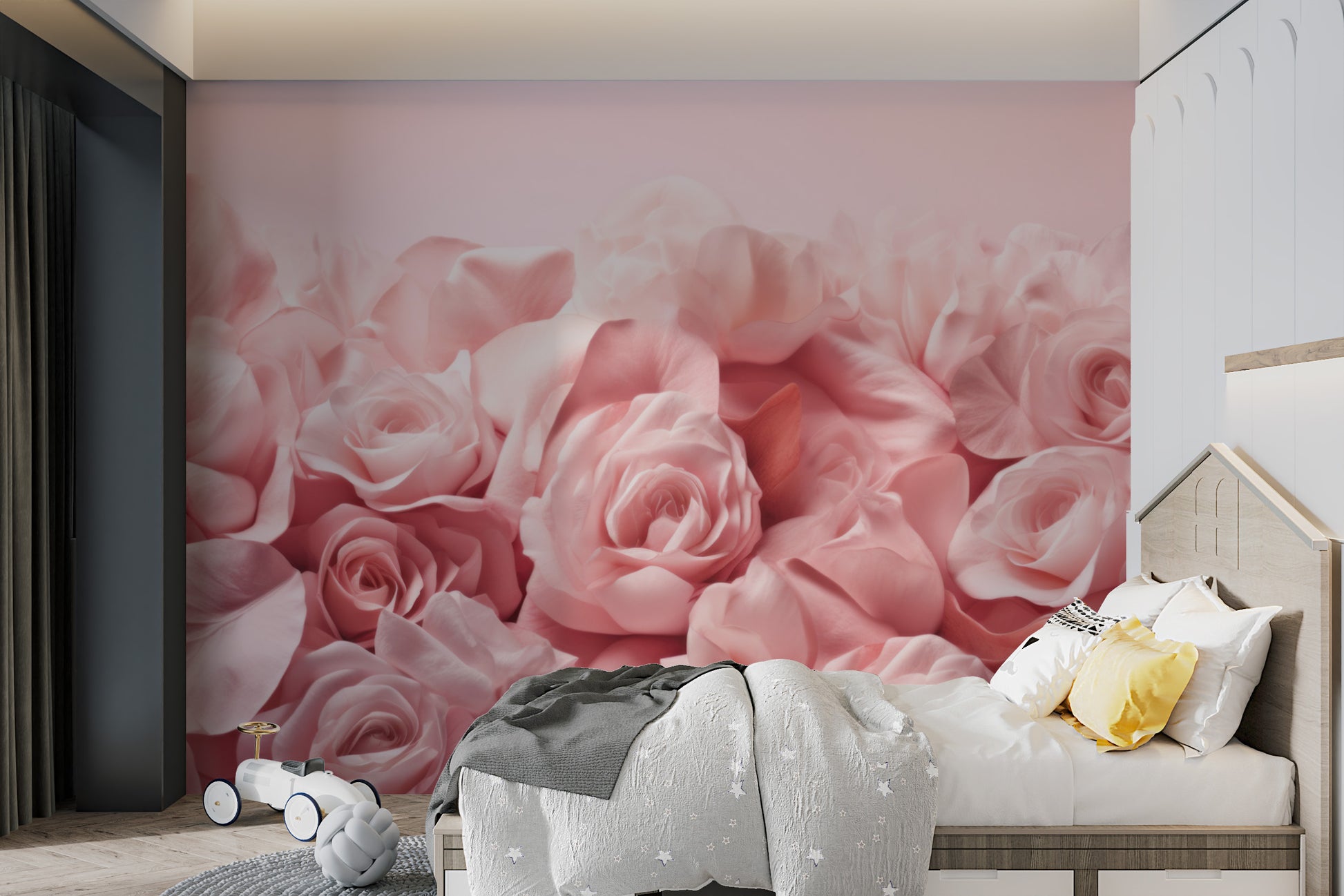 Romantic floral wallpaper featuring blush pink roses
