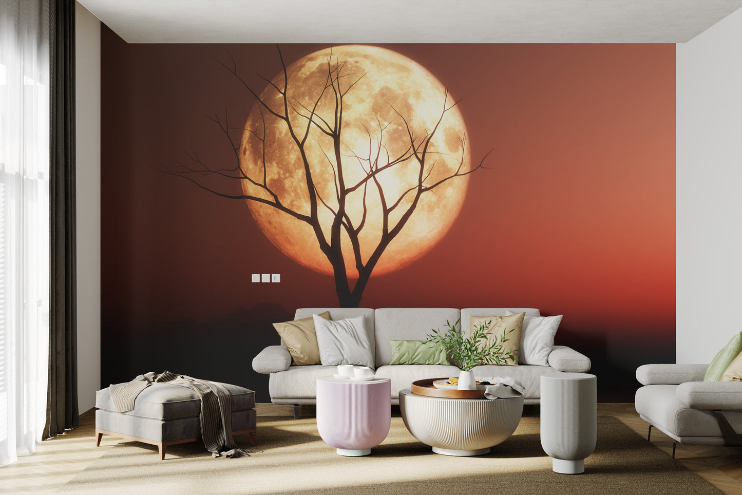 Red moon wall art with silhouetted tree in foreground
