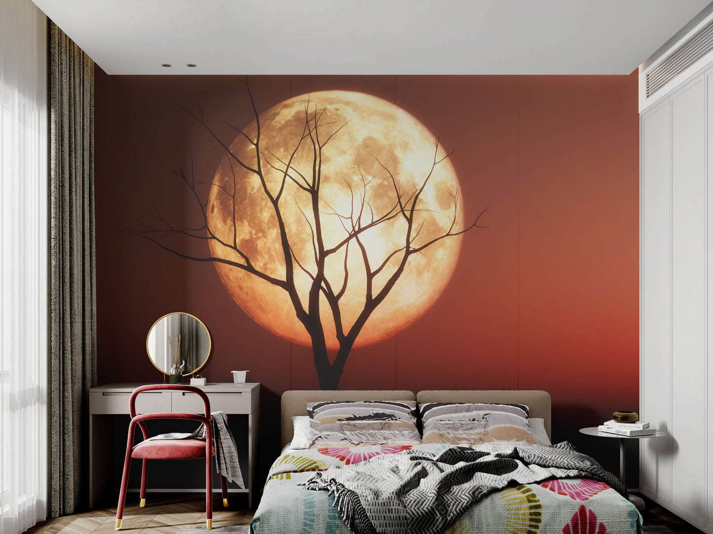 Cosmic-inspired wallpaper with a vibrant moon and rich hues
