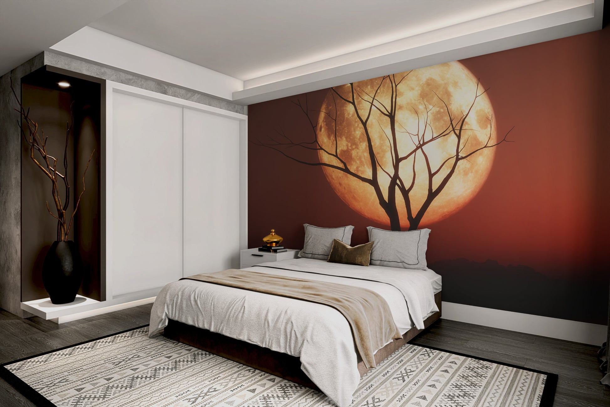 Celestial night mural featuring a large full moon in red sky
