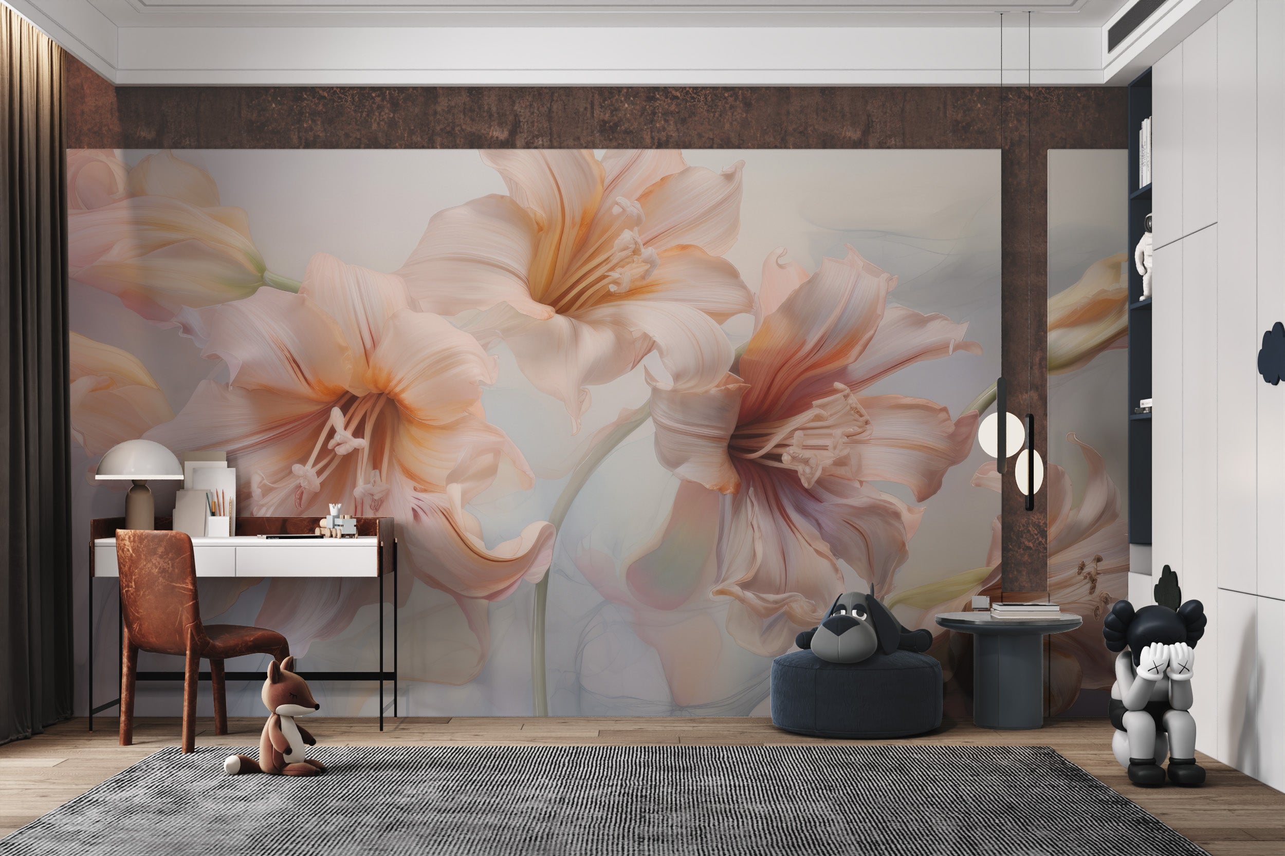 Hand-painted floral wallpaper featuring soft pink flowers
