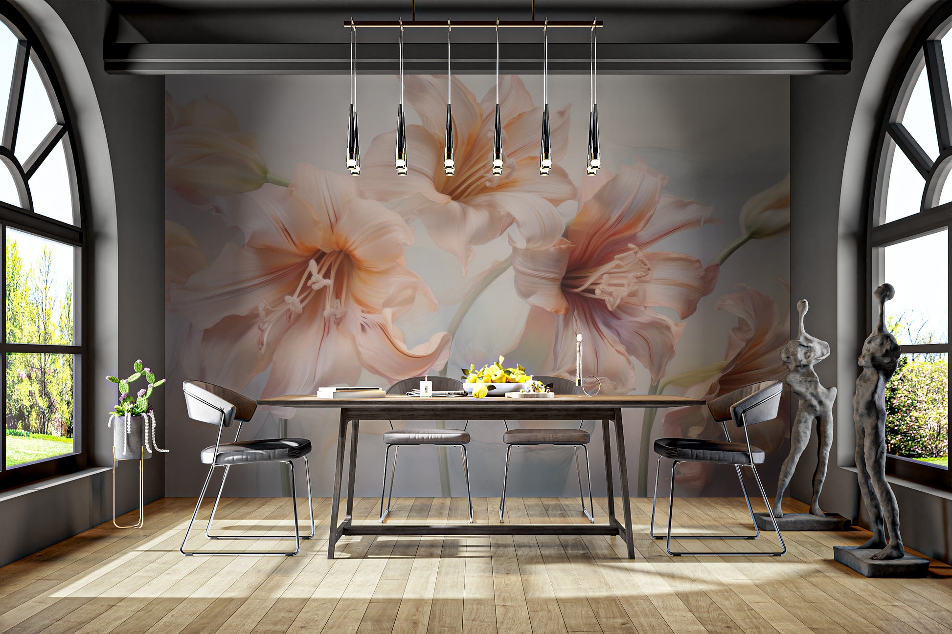 Elegant flower mural featuring delicate blooming lilies
