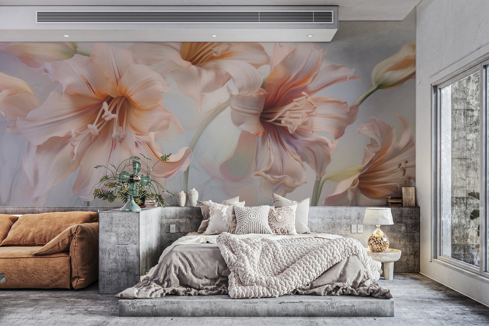 Botanical wall mural with soft petals and flowing lines
