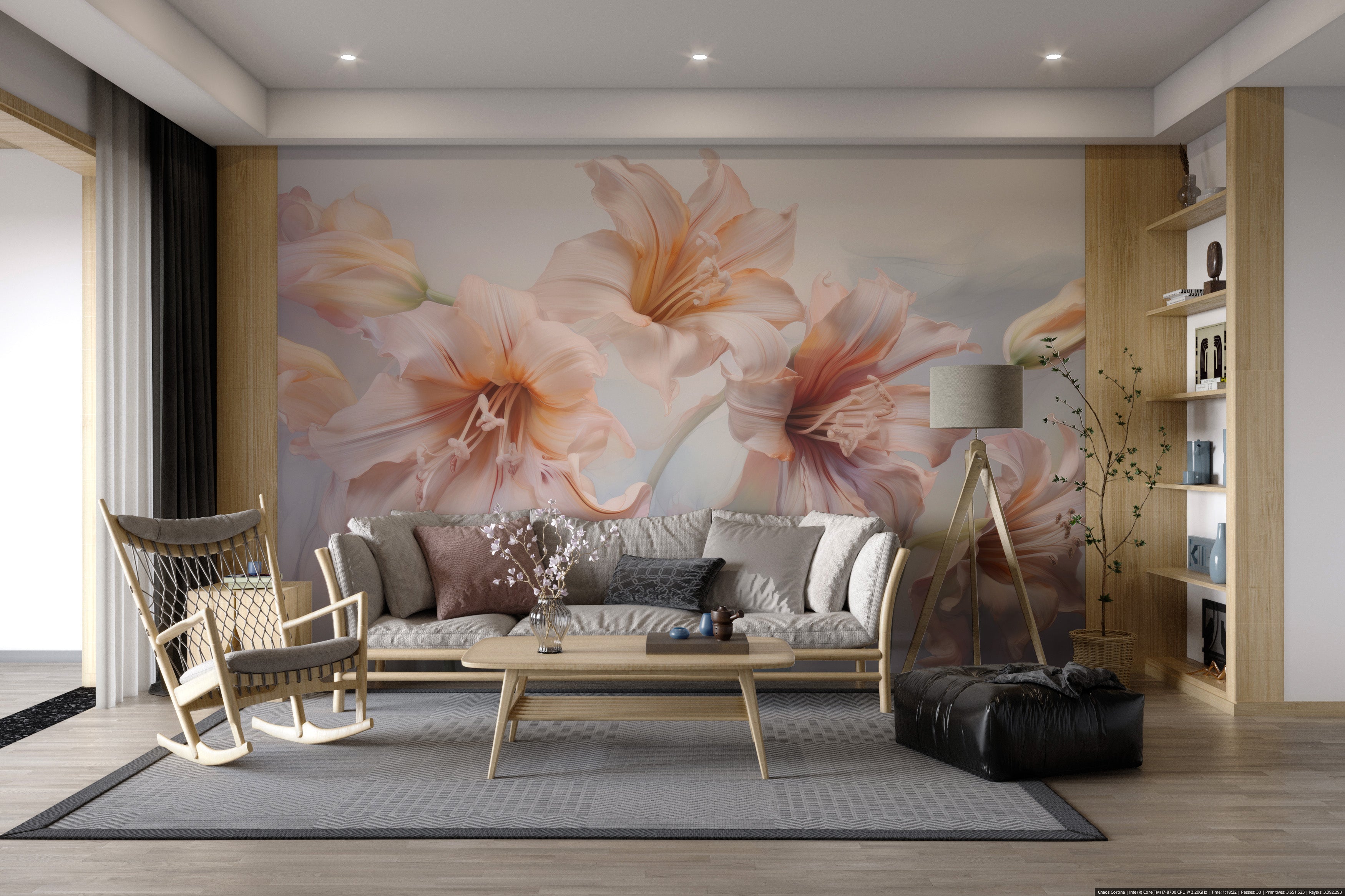 Romantic floral mural with subtle pastel flower details
